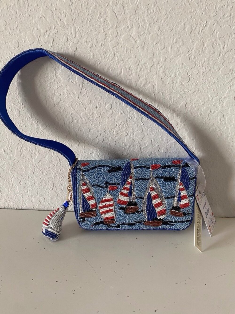 Handcrafted in India Beaded‎ Nautical Shoulder Bag Sailboat W/Charm Viral NEW